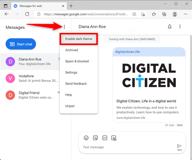 Habilitar tema oscuro en Mensajes para web