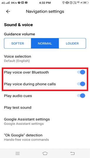 Active las siguientes opciones.  • Reproducir voz por Bluetooth • Reproducir voz durante llamadas telefónicas