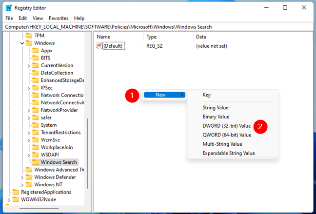 Crear una nueva clave DWORD en la búsqueda de Windows
