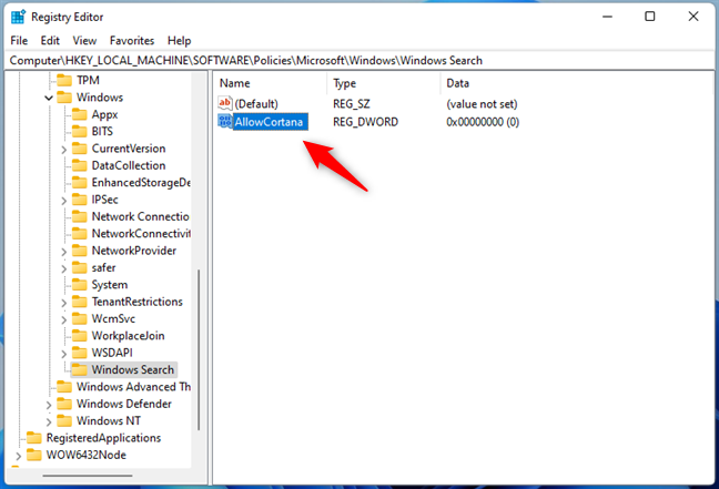 Nombrar la clave AllowCortana