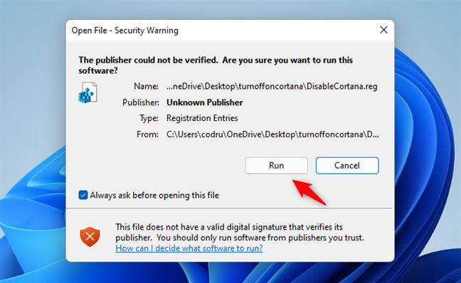 Permitir que se ejecute el archivo DisableCortana.reg