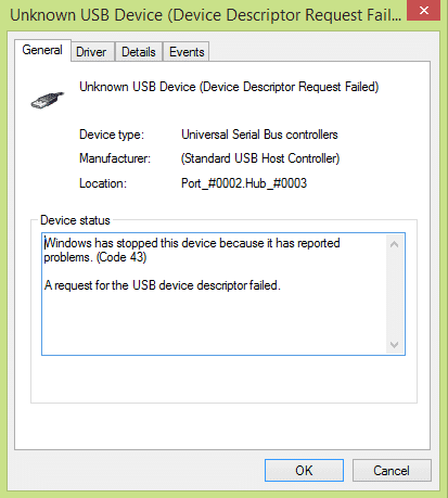 Arreglar el dispositivo USB no reconocido Código de error 43