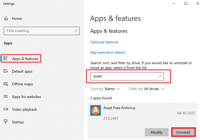busque avast y seleccione la opción Desinstalar