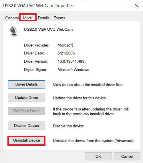 Vaya a la pestaña Controlador de la ventana Propiedades.  |  Solución: la cámara de la computadora portátil no funciona en Windows 10