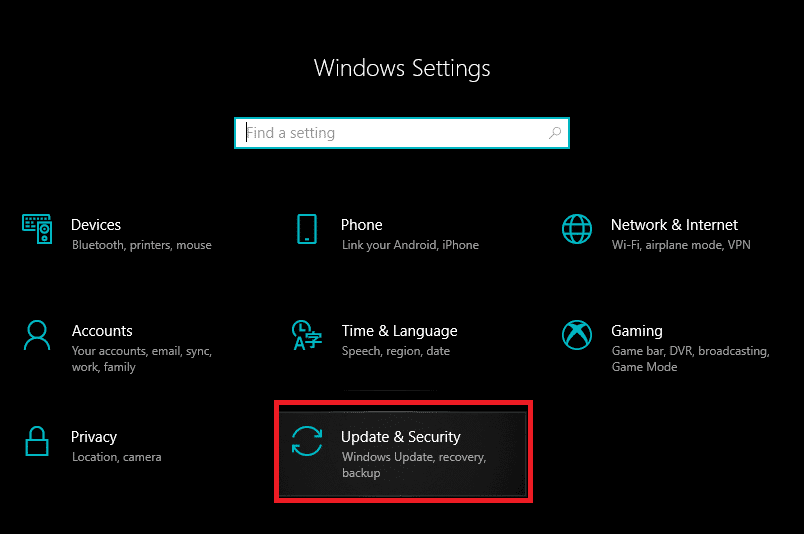 Presione la tecla de Windows + I para abrir Configuración y luego haga clic en Actualización y seguridad |  Solución: la cámara de la computadora portátil no funciona en Windows 10