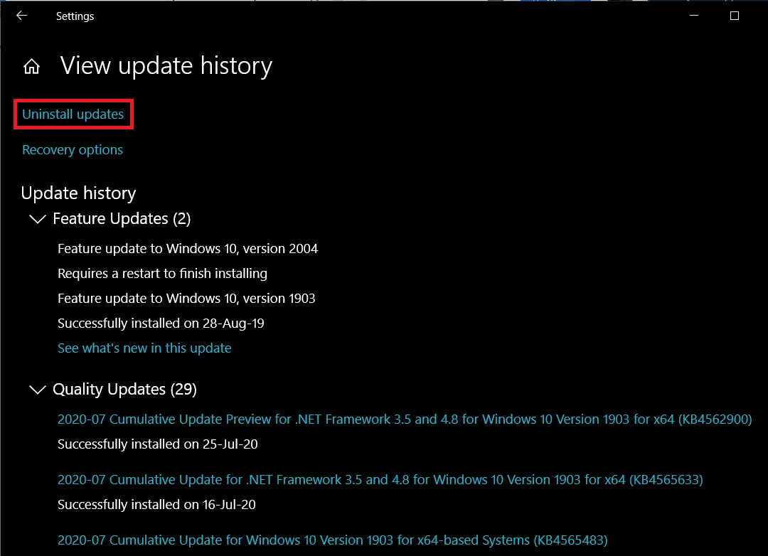 Haga clic en el hipervínculo Desinstalar actualizaciones