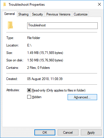 Cambie a la pestaña General y luego haga clic en el botón Avanzado en la parte inferior |  Cifre archivos y carpetas con el sistema de cifrado de archivos (EFS) en Windows 10