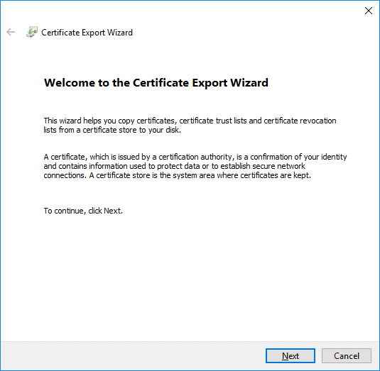 En la pantalla Bienvenido al asistente de exportación de certificados, simplemente haga clic en Siguiente para continuar.