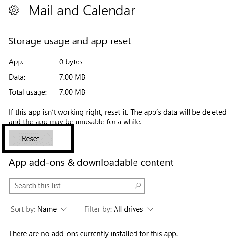 Znajdź przycisk Reset, kliknij go | Zresetuj aplikację Poczta w systemie Windows 10