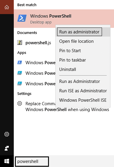 Powershell kliknij prawym przyciskiem myszy uruchom jako administrator