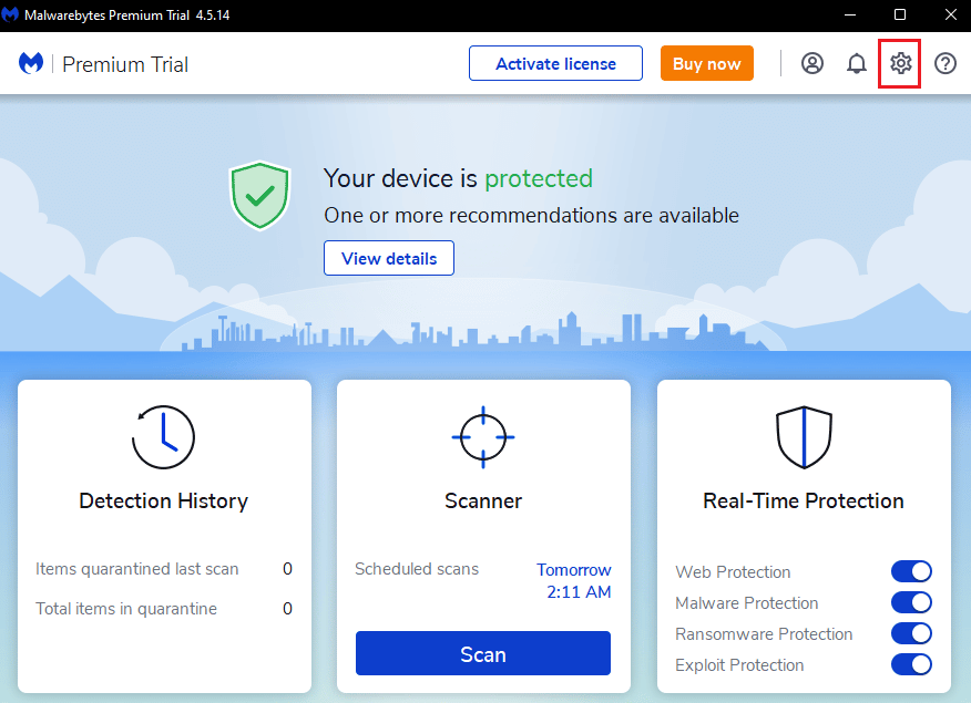 icono de engranaje para abrir la configuración de Malwarebytes.  Arreglar Malwarebytes que no se actualizan en Windows 10