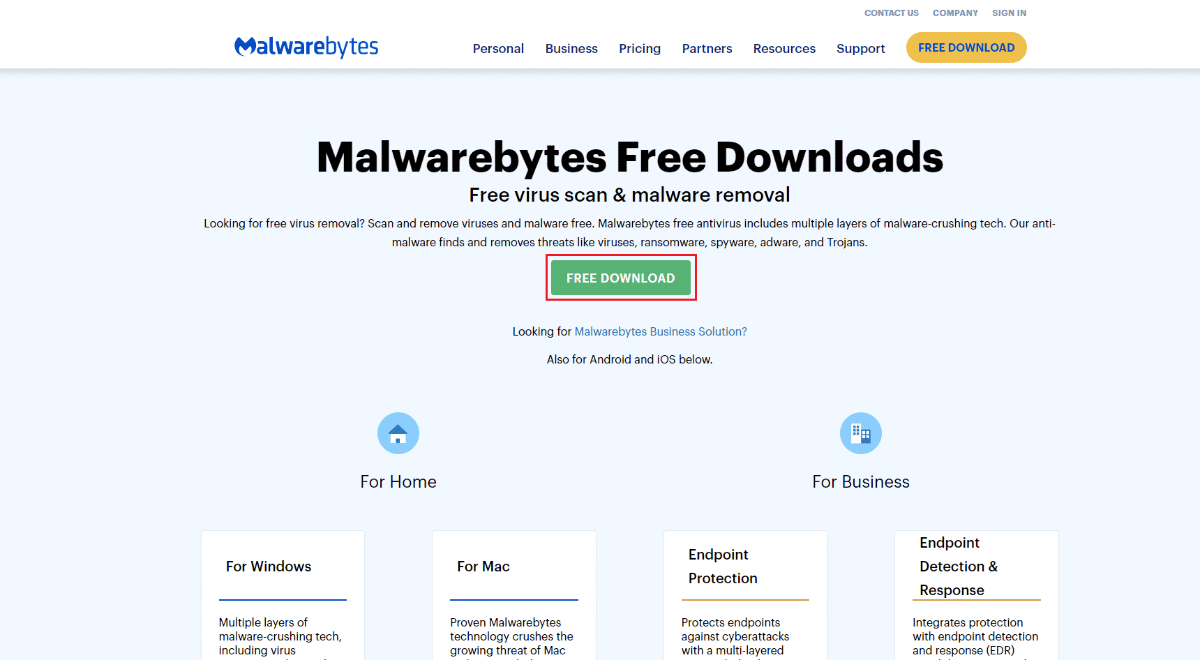 página de descarga de malwarebytes
