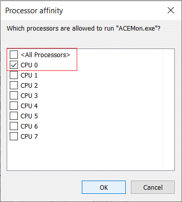 Desmarque Todos los procesadores y luego marque la casilla junto a CPU 0 |  Arreglar bloqueos de PUBG en la computadora