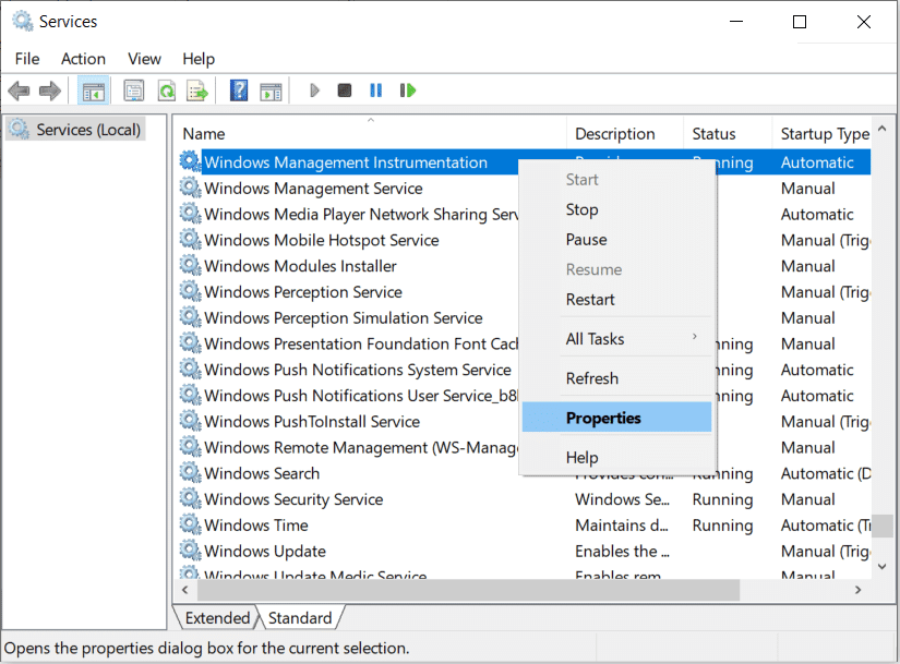 Haga clic con el botón derecho en Instrumental de administración de Windows y seleccione Propiedades |  Arreglar bloqueos de PUBG en la computadora