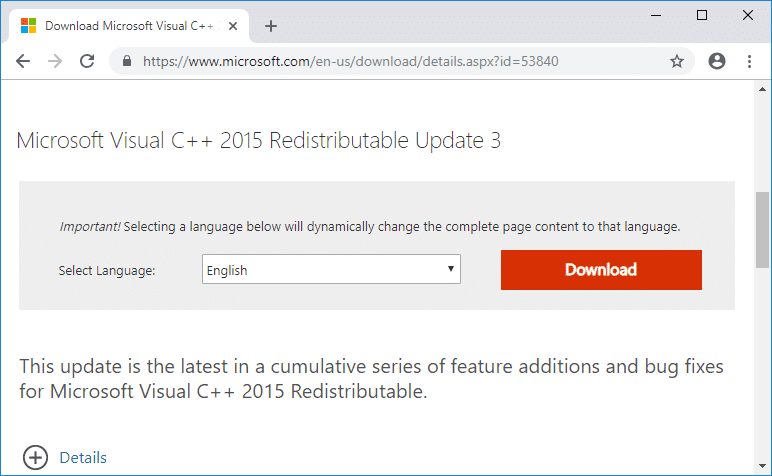 Haga clic en el botón de descarga para descargar el paquete redistribuible de Microsoft Visual C++