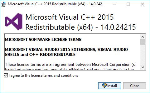 Siga las instrucciones en pantalla para instalar el paquete redistribuible de Microsoft Visual C ++