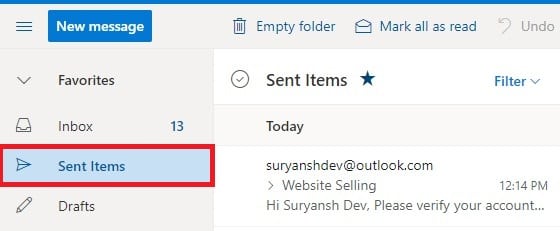 Busque la opción 'Elementos enviados' y haga clic para abrirla.  |  ¿Cómo recuperar un correo electrónico en Outlook?