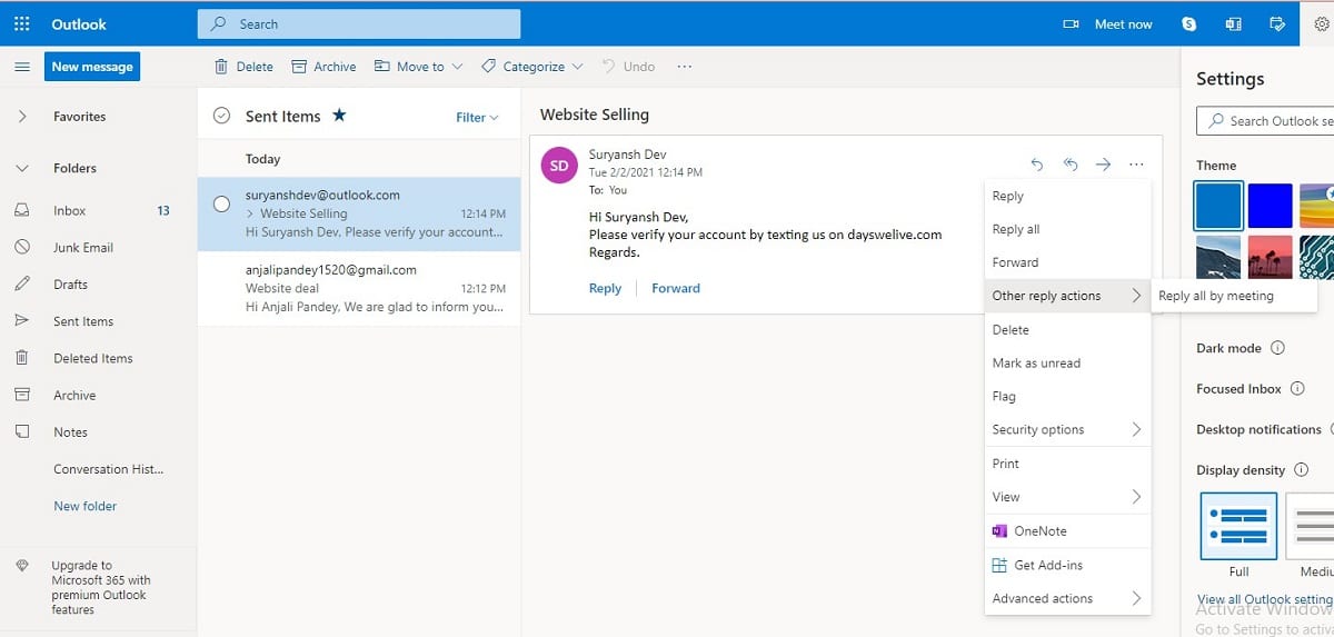 Haga clic en 'Acciones' en la pestaña Mensaje.  |  ¿Cómo recuperar un correo electrónico en Outlook?