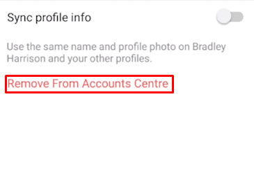 Después de seleccionar su cuenta de Facebook, toque Eliminar del centro de cuentas. 