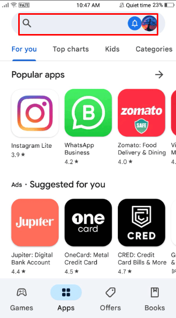 Ahora, en la barra de búsqueda en la parte superior de la pantalla, busque Instagram y toque la opción Instagram en los resultados de búsqueda. 