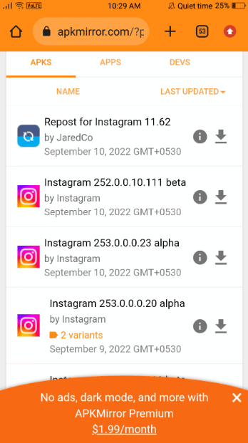   Ahora seleccione la versión que desea descargar. Puede hacerlo seleccionando una aplicación con un número de versión más bajo que el que encuentra en la página de Instagram de su Play Store. 