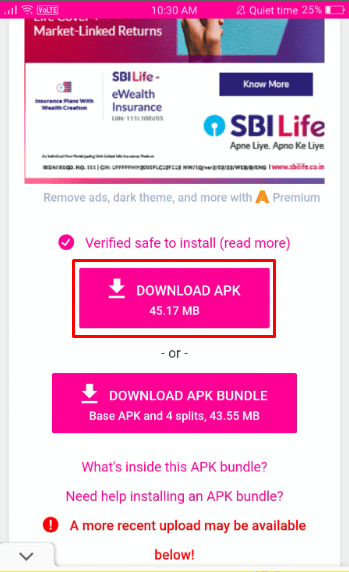 Omita cualquier anuncio que se muestre en su pantalla y desplácese hacia abajo, luego toque la opción Descargar APK.  |  Cómo desinstalar una actualización en Instagram 