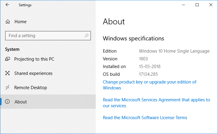 Bajo la especificación de Windows, verá la información de edición, versión, instalación y compilación del sistema operativo