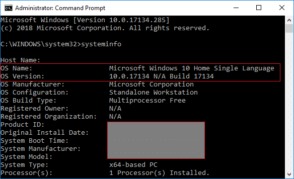 Escriba systeminfo en cmd para obtener la edición de su Windows 10