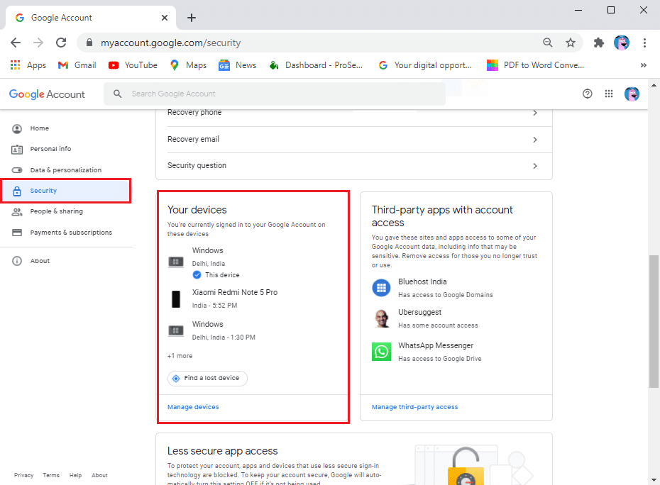 Toca la pestaña Seguridad y desplázate hacia abajo hasta Tus dispositivos |  ¿Cómo cerrar sesión de forma remota en una cuenta de Google en un teléfono Android?