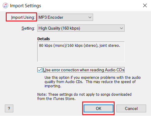 iTunes.  Importar usando el codificador de MP3.  haga clic en Aceptar Cómo transferir CD a iPhone