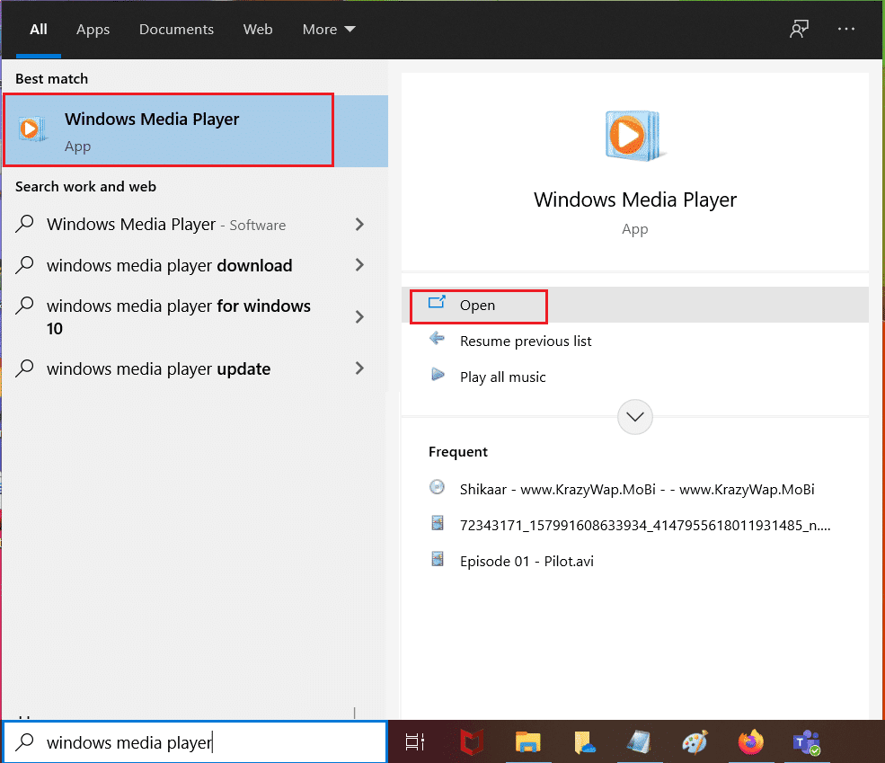 buscar y abrir windows media player