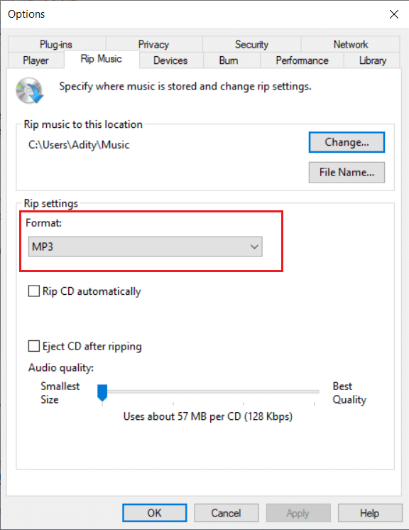 Seleccione MP3 del menú desplegable Formato, como se muestra.  importar CD a iPhone