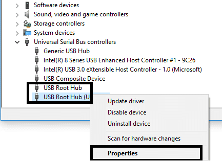 Haga clic con el botón derecho en cada USB Root Hub y vaya a Propiedades
