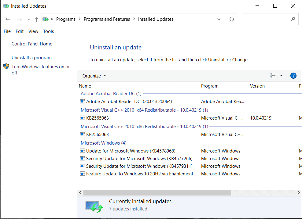 Ver actualizaciones instaladas