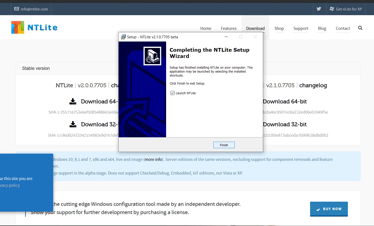 Instalado el NTLite marque la casilla de verificación Iniciar NTLite y haga clic en Finalizar