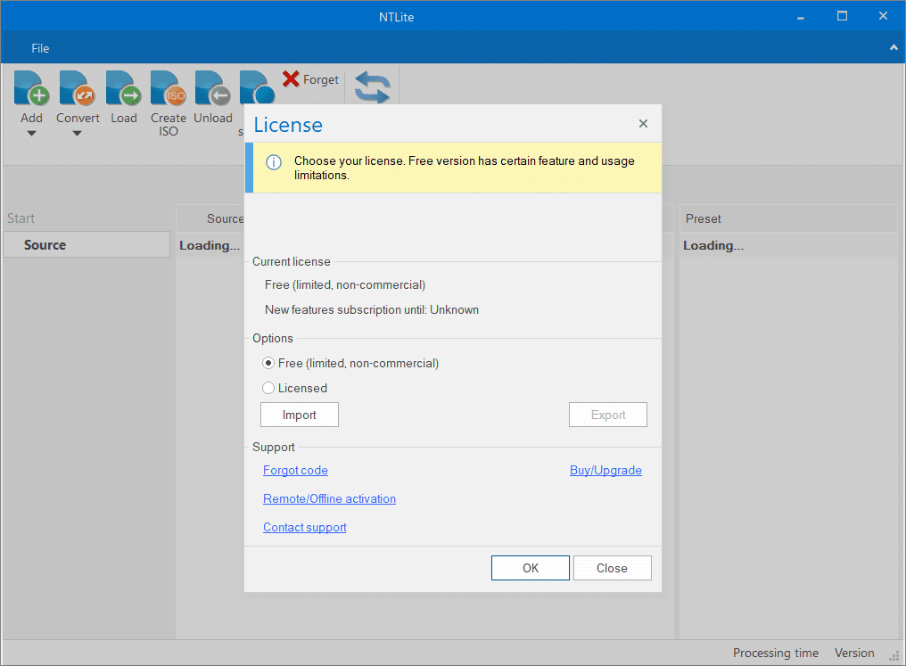 Inicie NTLite y seleccione Versión gratuita o de pago |  Instalación integrada de Windows 10