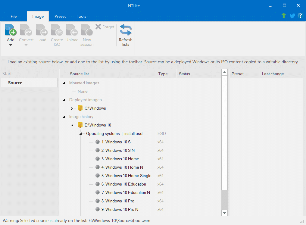Cuando se complete la importación, verá una lista de ediciones de Windows en la sección Historial de imágenes
