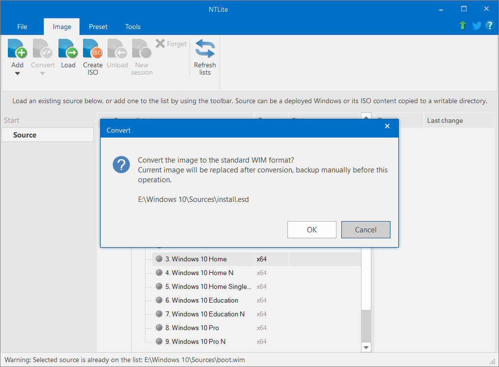 Haga clic en la confirmación para convertir la imagen al formato WIM estándar |  Instalación integrada de Windows 10