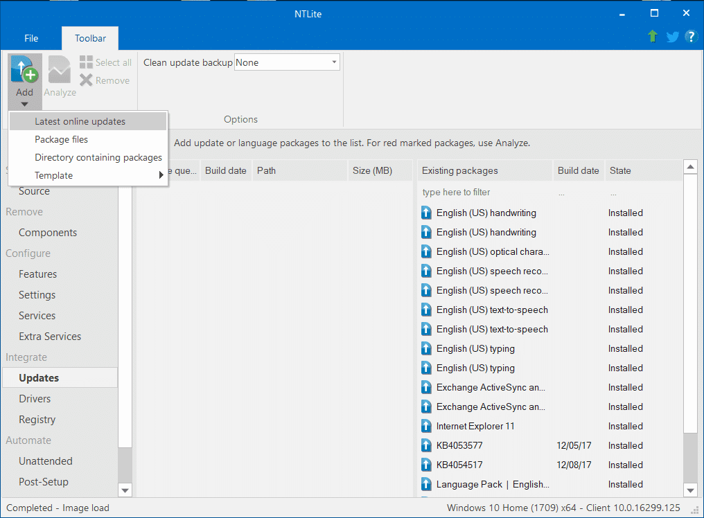 Haga clic en Agregar opción en la parte superior izquierda y seleccione Últimas actualizaciones en línea |  Instalación integrada de Windows 10