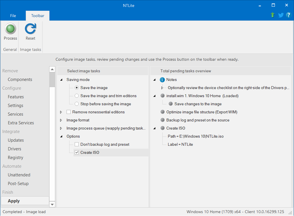 En la pestaña Opciones, haga clic en el botón Crear ISO |  Instalación integrada de Windows 10