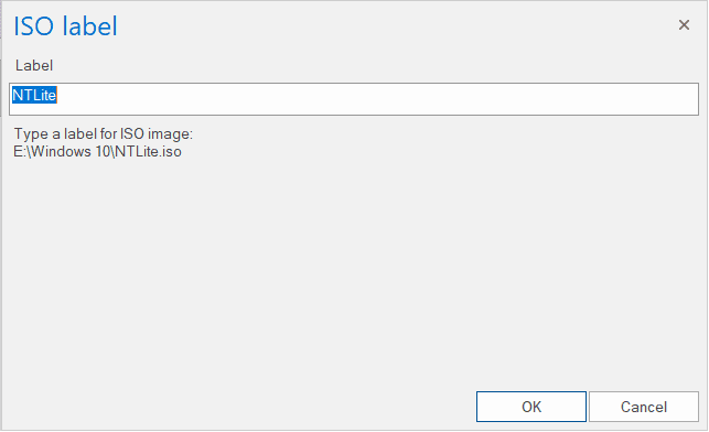 Aparecerá otra ventana emergente de etiqueta ISO, escriba el nombre de su imagen ISO y haga clic en Aceptar