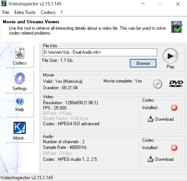 Ver Las filas de códecs de video y audio tendrán un botón de descarga activo