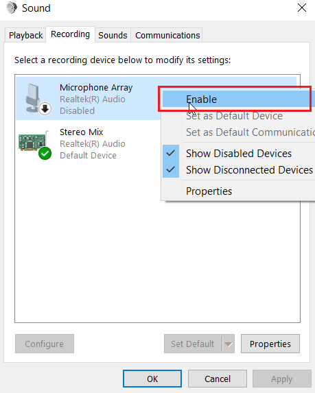 haga clic con el botón derecho en la matriz de micrófonos y haga clic en habilitar. Arreglar los auriculares SADES que no funcionan en Windows 10