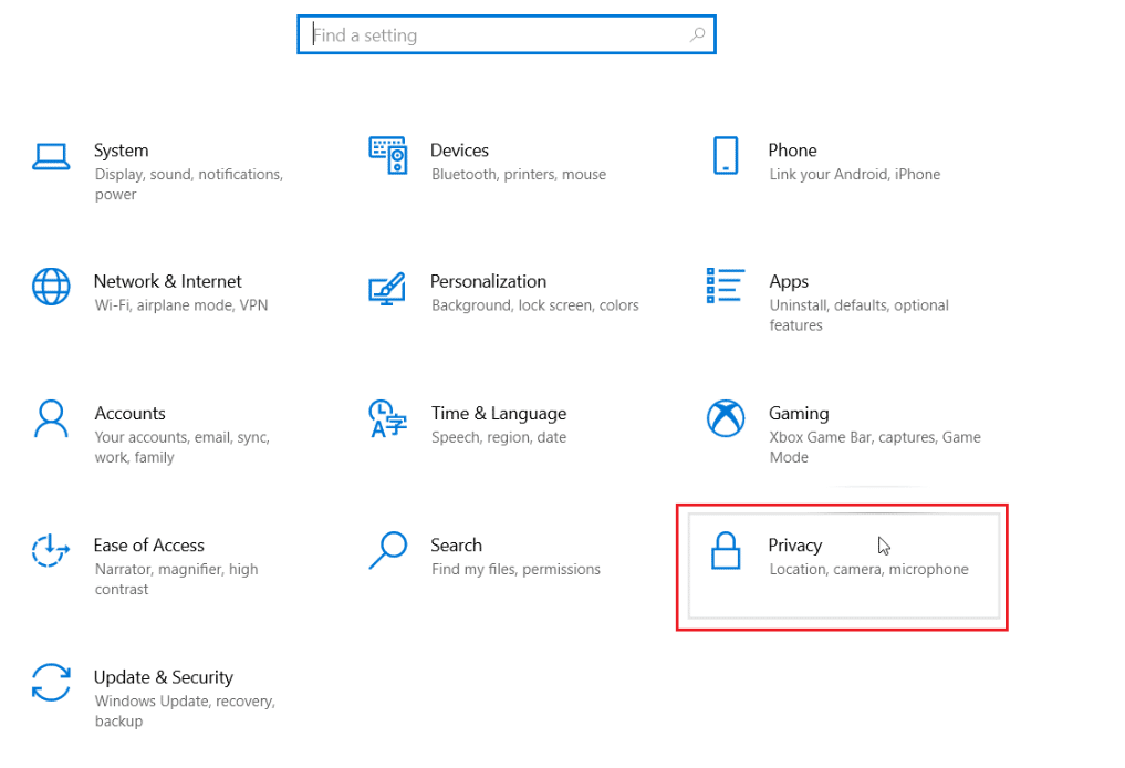 ve a configuración y haz clic en privacidad. Arreglar los auriculares SADES que no funcionan en Windows 10