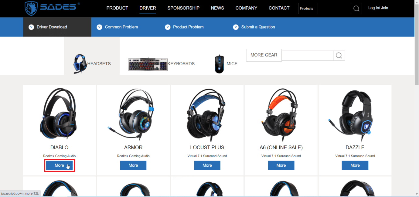 página del controlador de auriculares sades