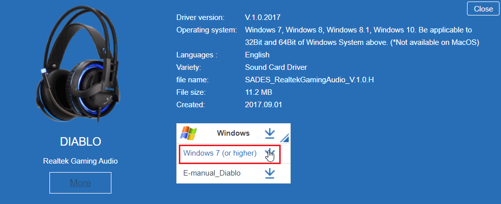 Haga clic en la flecha de descarga para descargar el controlador