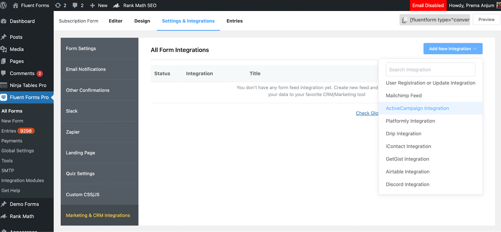 Formularios fluidos, configuración de WordPress