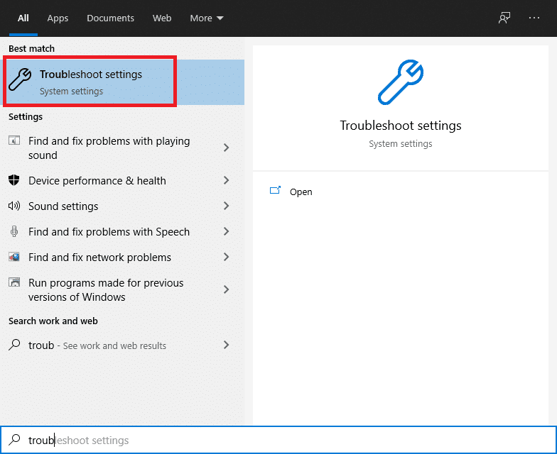 En el cuadro de diálogo, escriba solucionar problemas y haga clic en el primer resultado que aparece | Solucione fácilmente el error de actualización de Windows 80072ee2