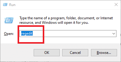 En el cuadro Ejecutar, escriba regedit y presione Enter
