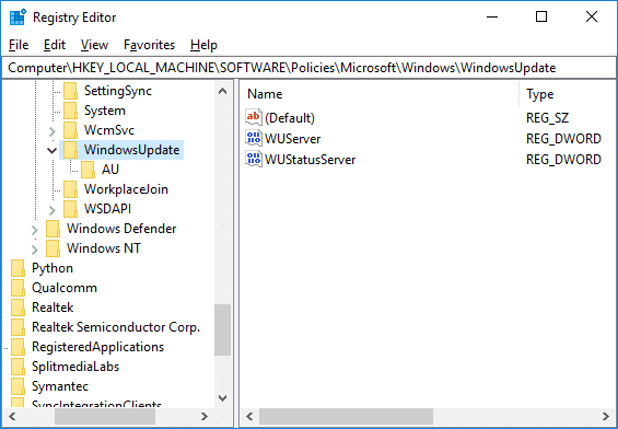 Navegue a la clave de registro de actualización de Windows